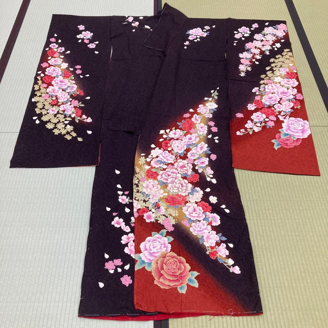 ☆未仕立て☆正絹　B級品ヤケ有り　リメイク　ラメ入り花模様振袖