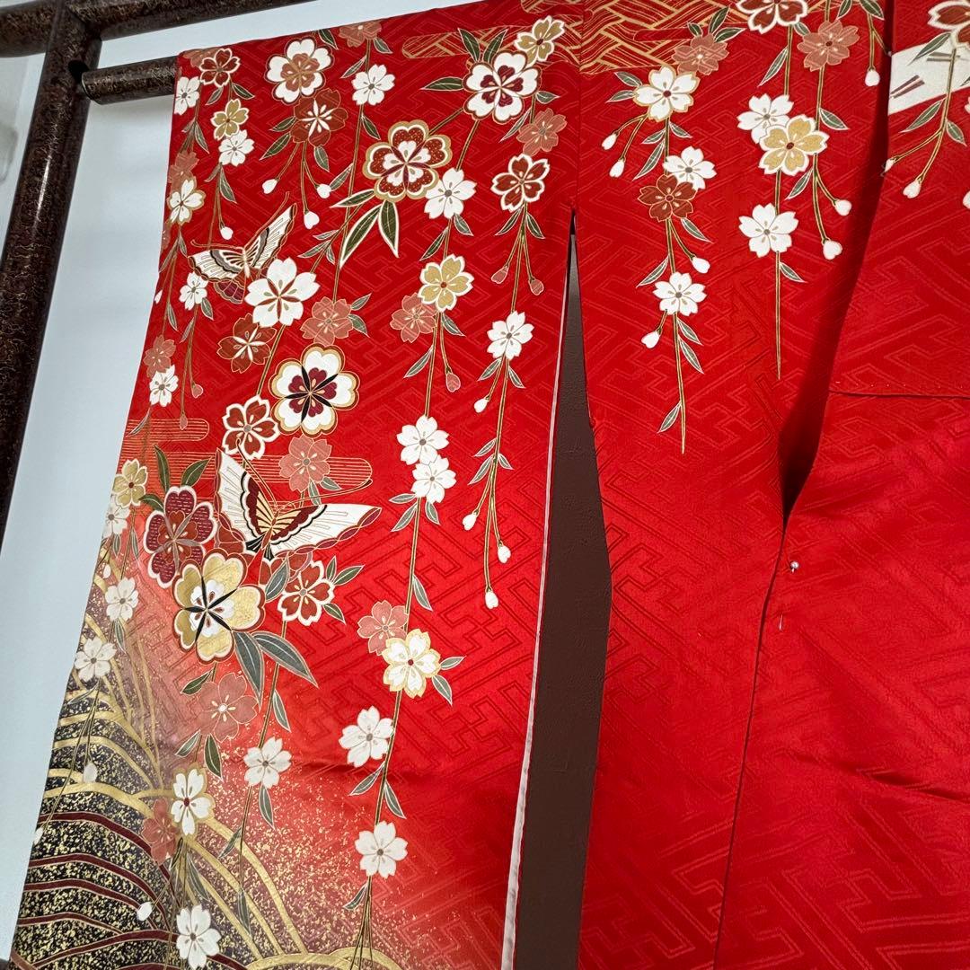 超美品　正絹　現代　振袖　成人式　着物　174裄67 赤　朱色　熨斗　蝶々　茶色