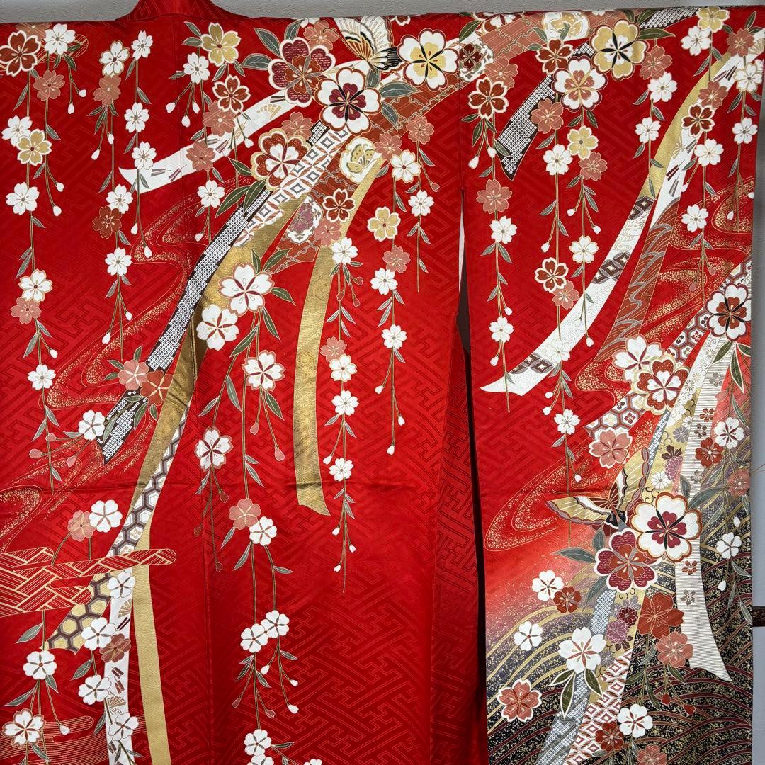 超美品　正絹　現代　振袖　成人式　着物　174裄67 赤　朱色　熨斗　蝶々　茶色