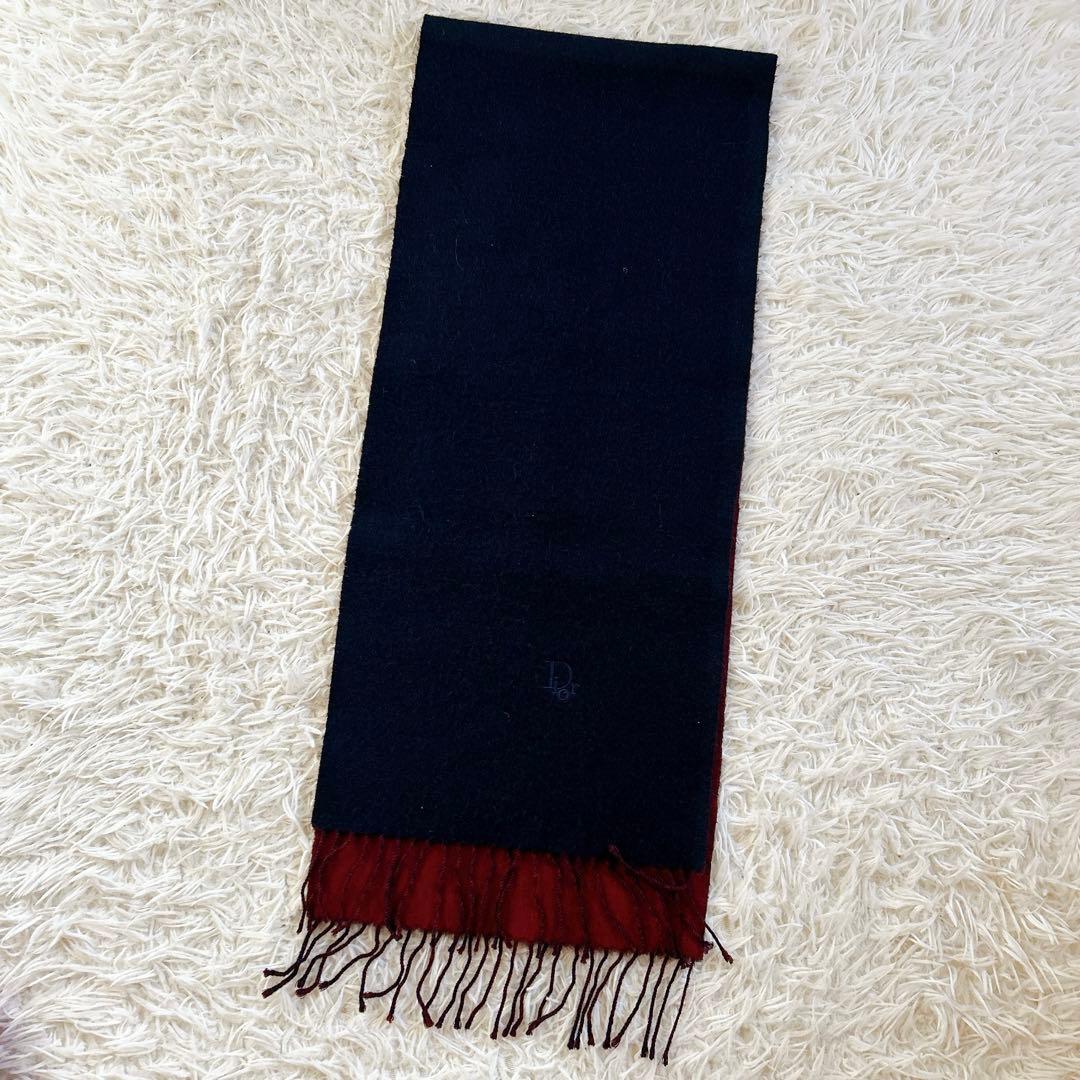 美品　クリスチャンディオール カシミヤ　ロゴ刺繍 フリンジマフラー バイカラー