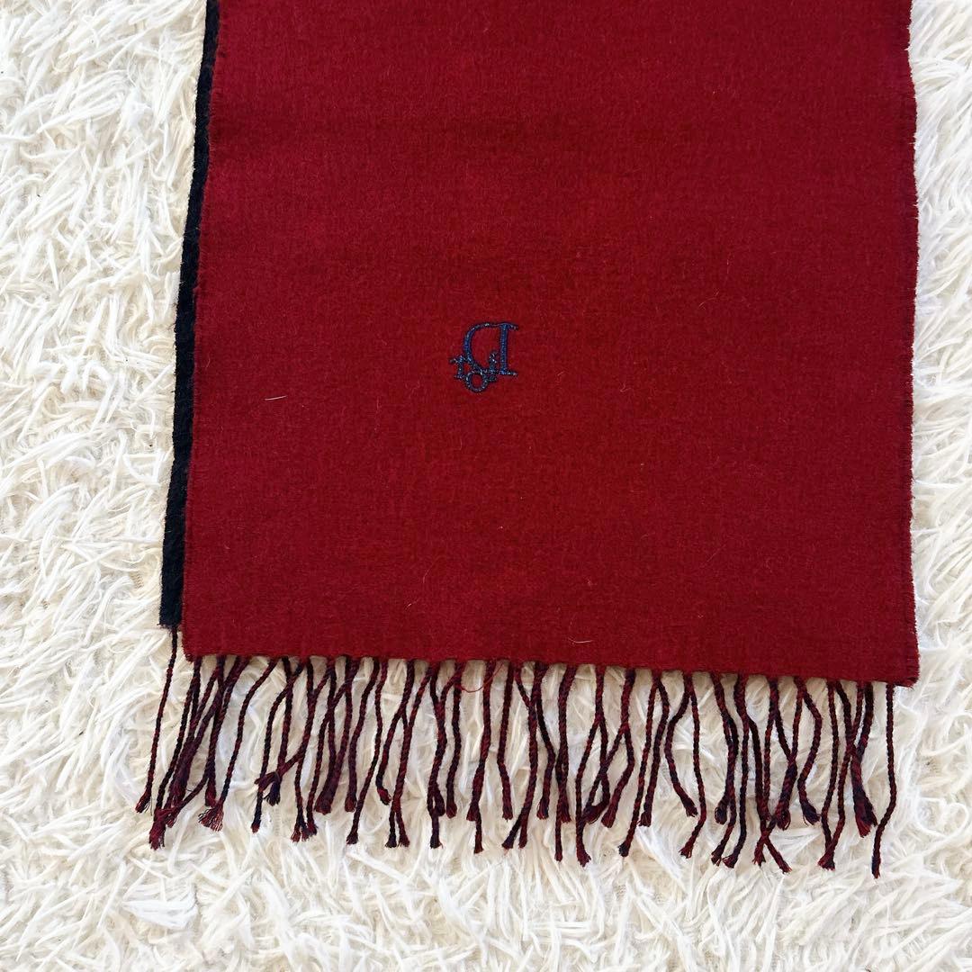 美品　クリスチャンディオール カシミヤ　ロゴ刺繍 フリンジマフラー バイカラー