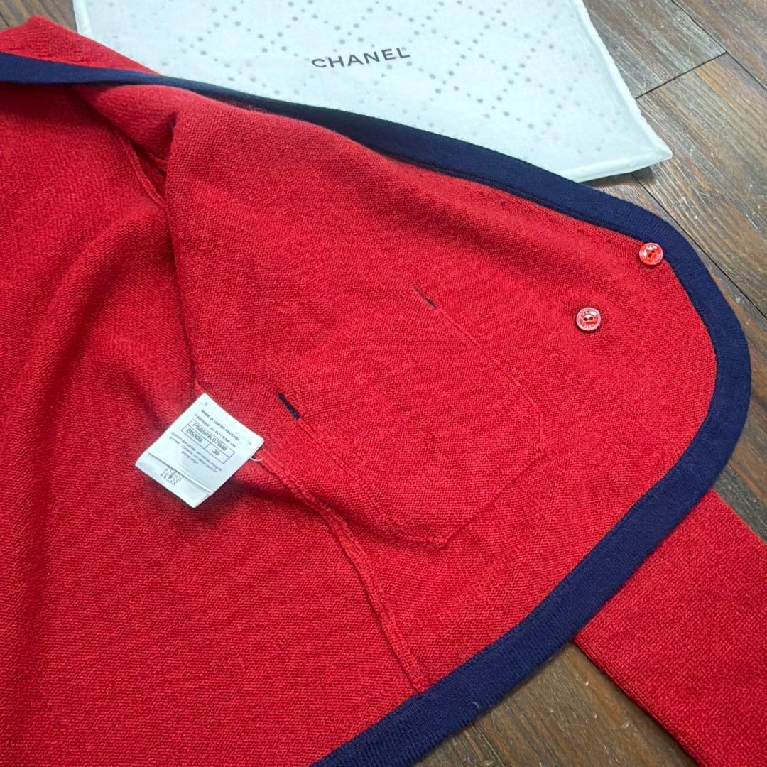 美品　国内購入　シャネル　カーディガン　ジャケット　38 赤　ネイビー　カシミヤ