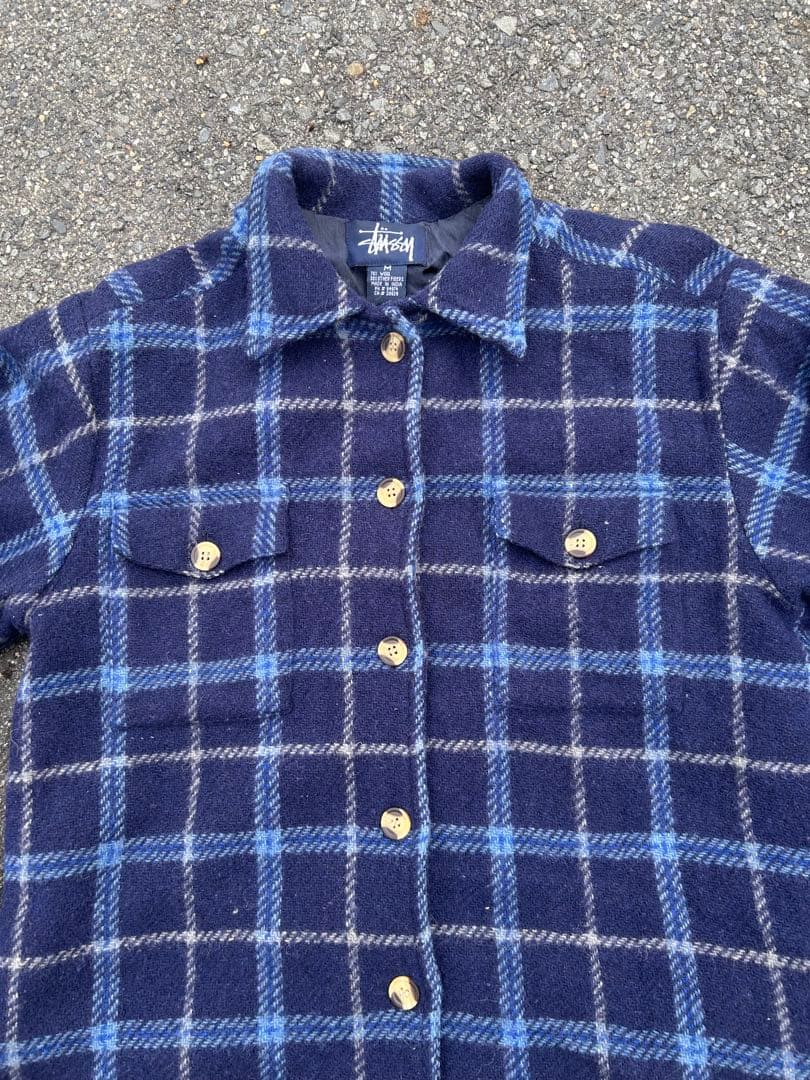 90s Old Stussy ネイビー チェック ジャケット Mネルシャツ　短丈