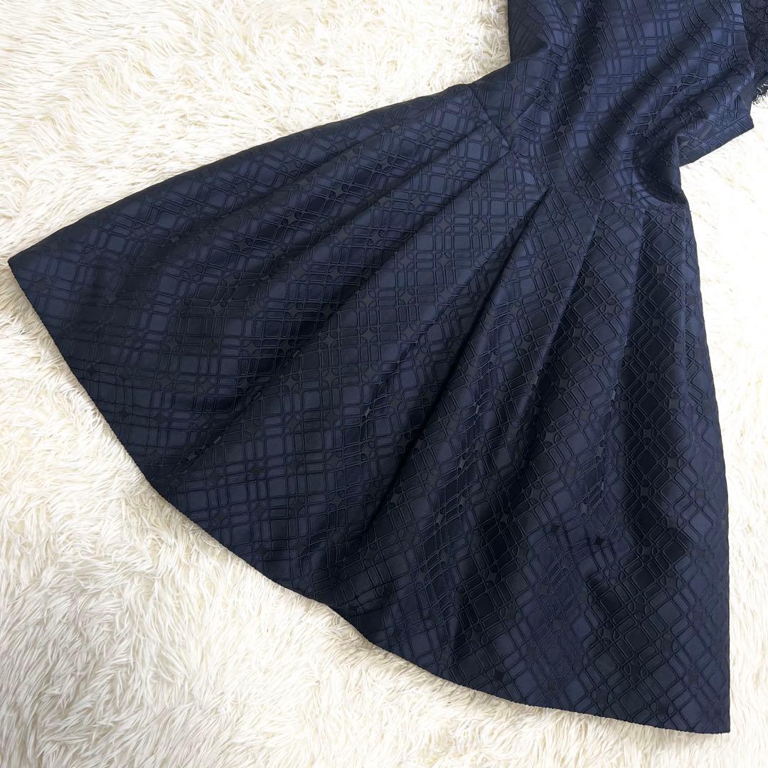 極美品✨ルネ ジャガードワンピース 総柄 レース切替 タック フレア 36