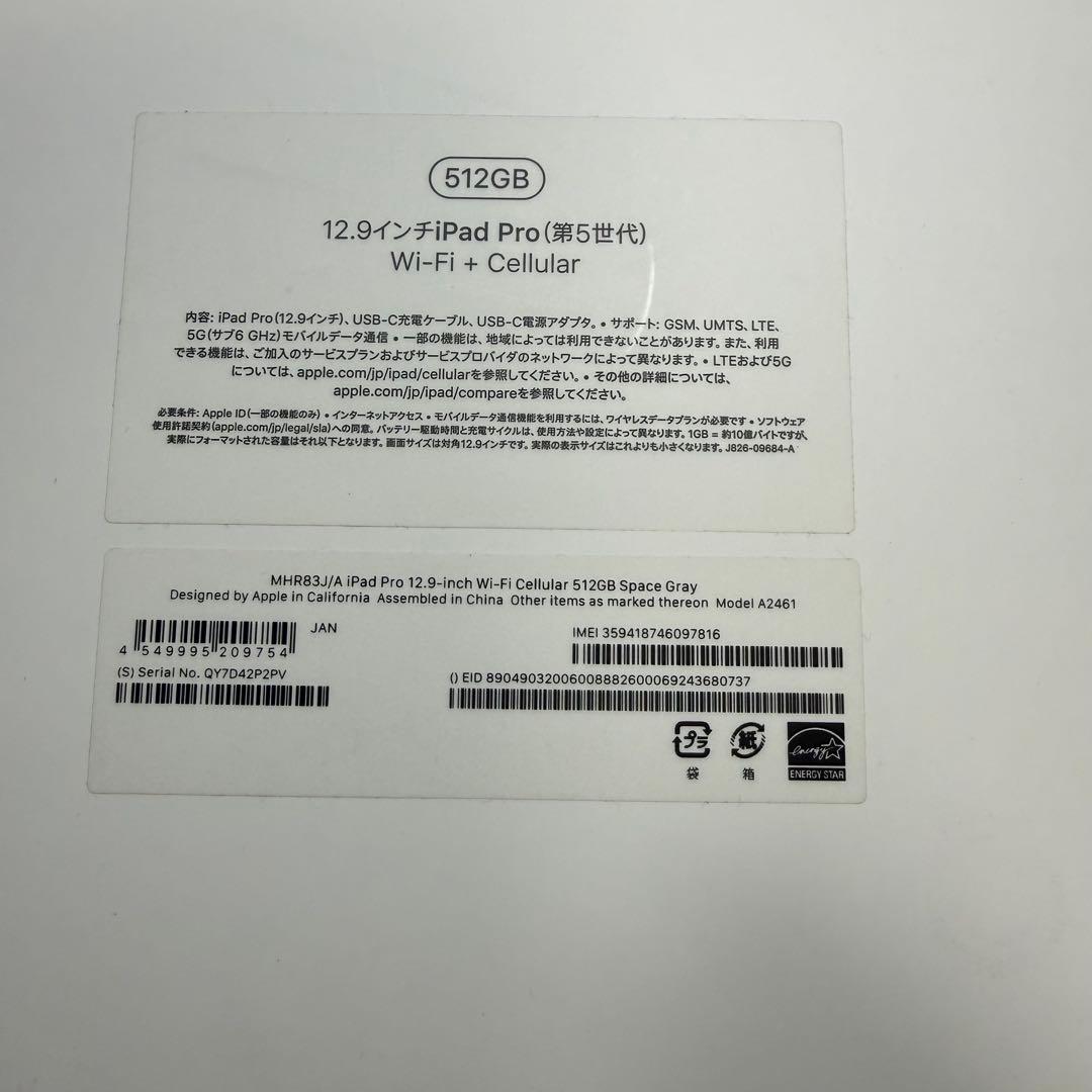 iPad Pro 12.9　第5世代 Wi-Fi+Cellular 512GB