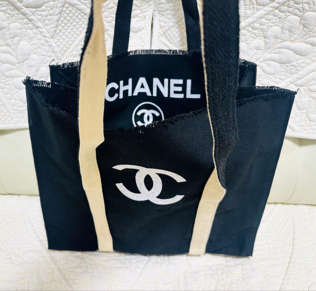 訳あり☆CHANELノベルティ☆黒地キャンバストートバッグ新品未使用両面プリント