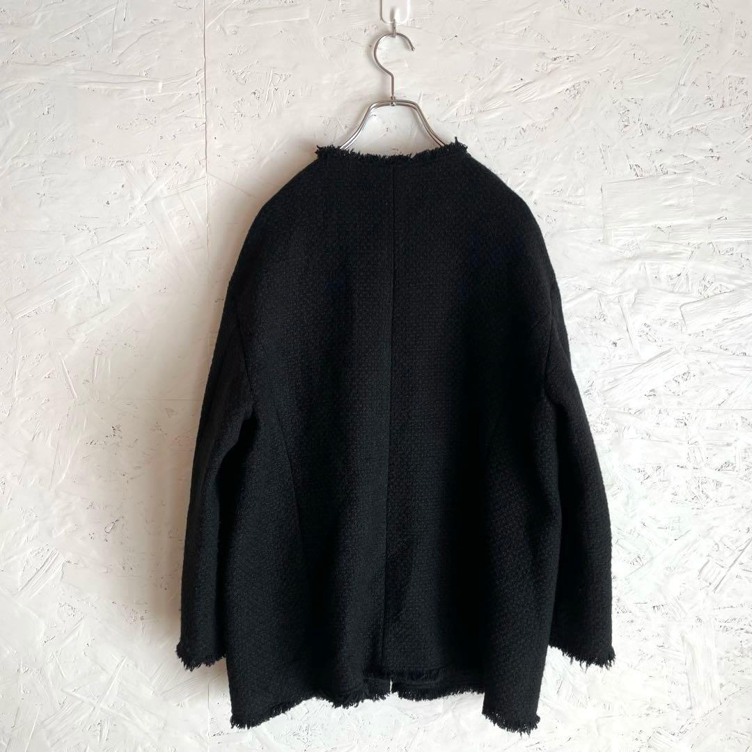 日本製【L'ESSAGE】GIOLICAツイードBIGジャケット　ノーカラー　黒