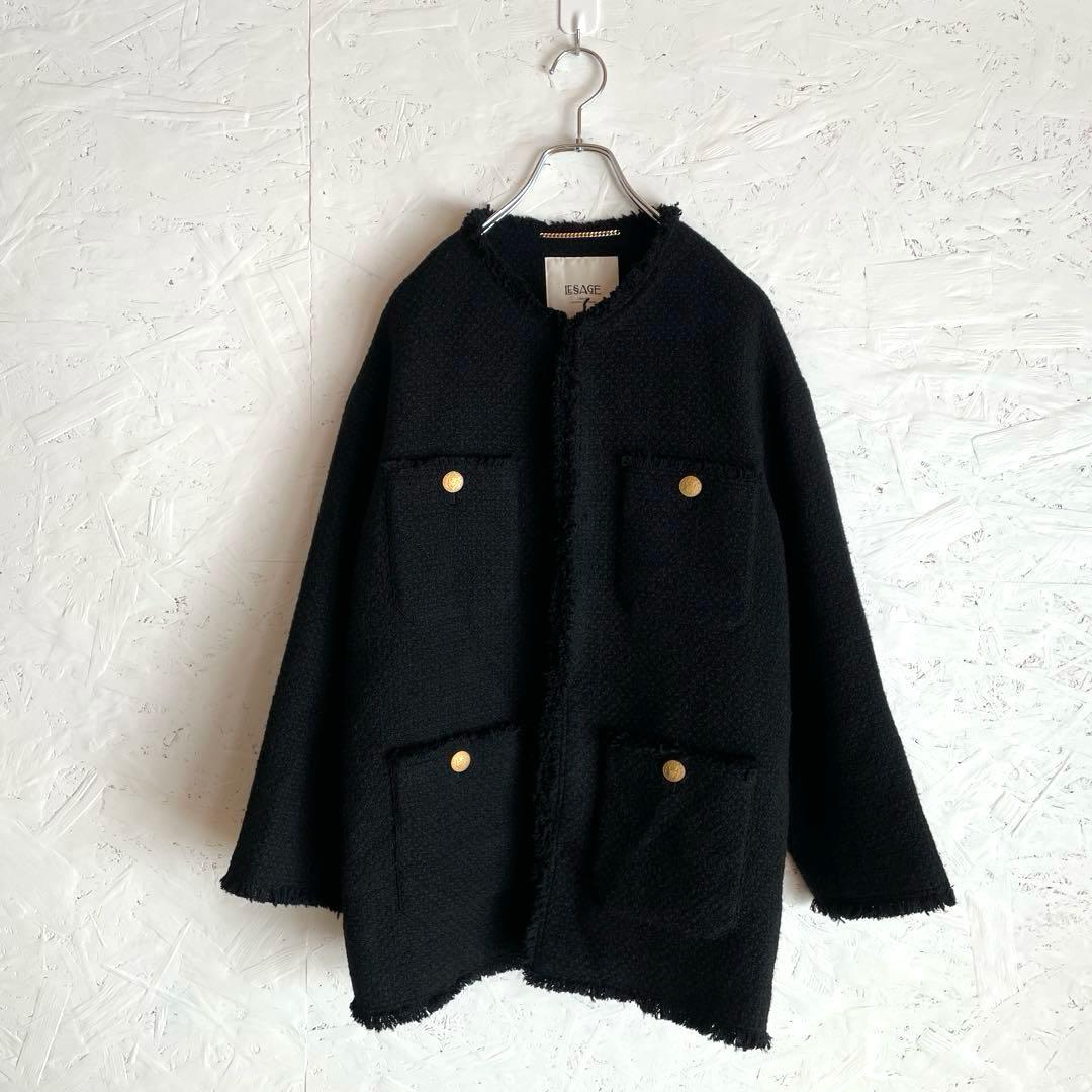 日本製【L'ESSAGE】GIOLICAツイードBIGジャケット　ノーカラー　黒