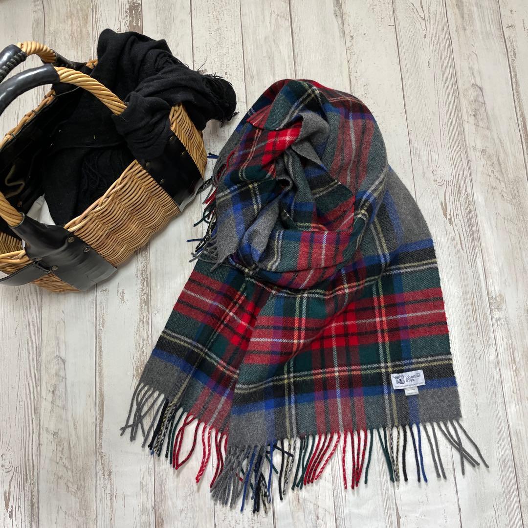 美品:Johnstons ジョンストンズカシミヤ100%大判ストール:チェック柄