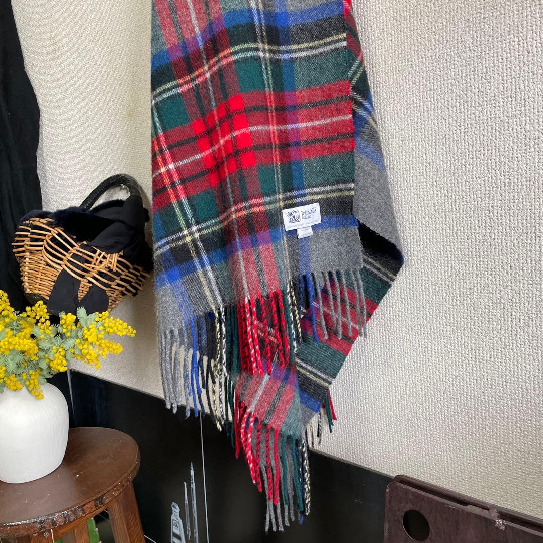 美品:Johnstons ジョンストンズカシミヤ100%大判ストール:チェック柄
