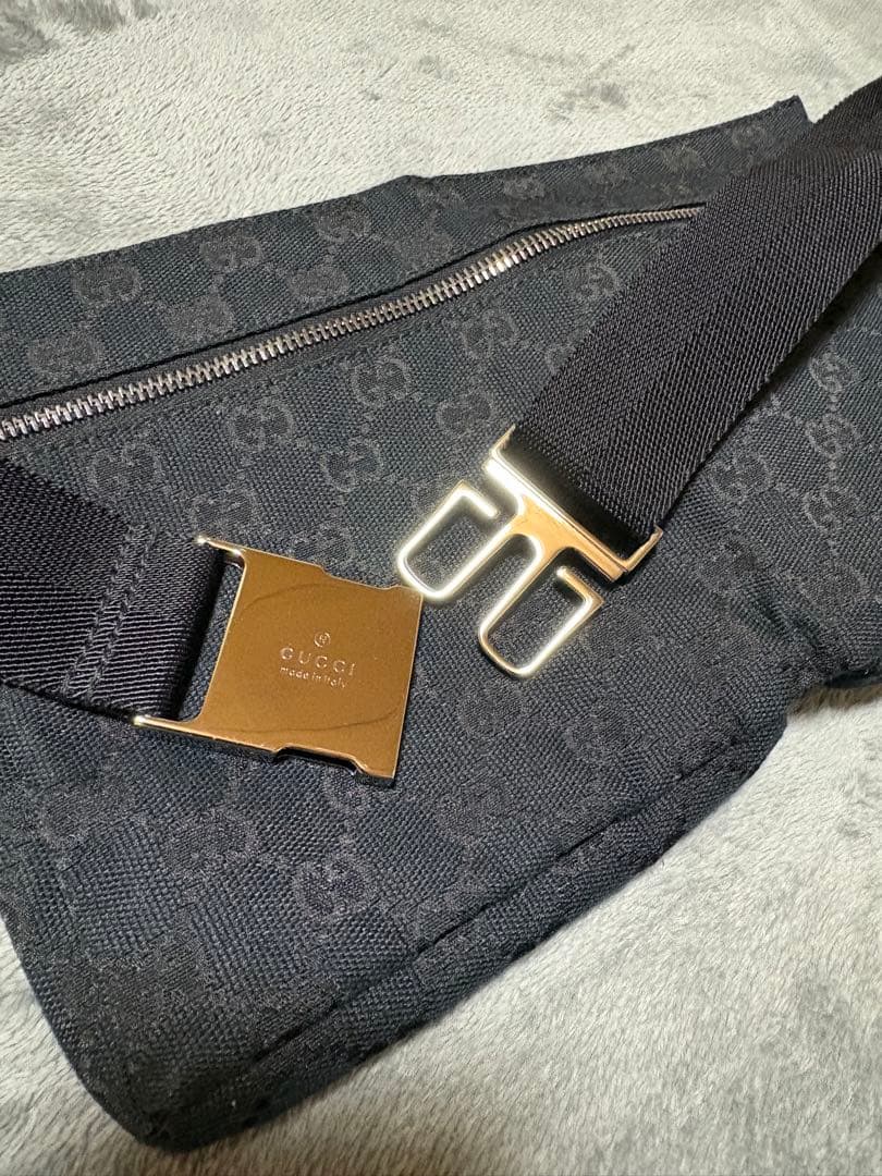 GUCCI ブラック キャンバス レザー ウエストバッグ