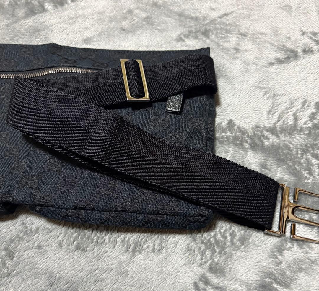 GUCCI ブラック キャンバス レザー ウエストバッグ