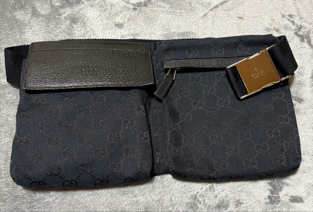 GUCCI ブラック キャンバス レザー ウエストバッグ