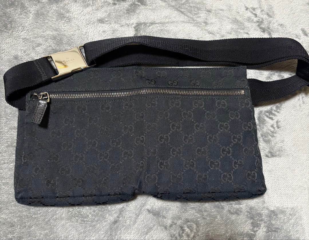 GUCCI ブラック キャンバス レザー ウエストバッグ