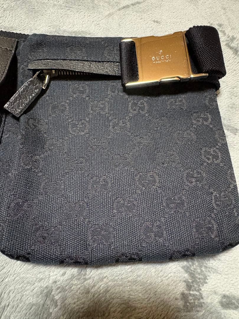 GUCCI ブラック キャンバス レザー ウエストバッグ