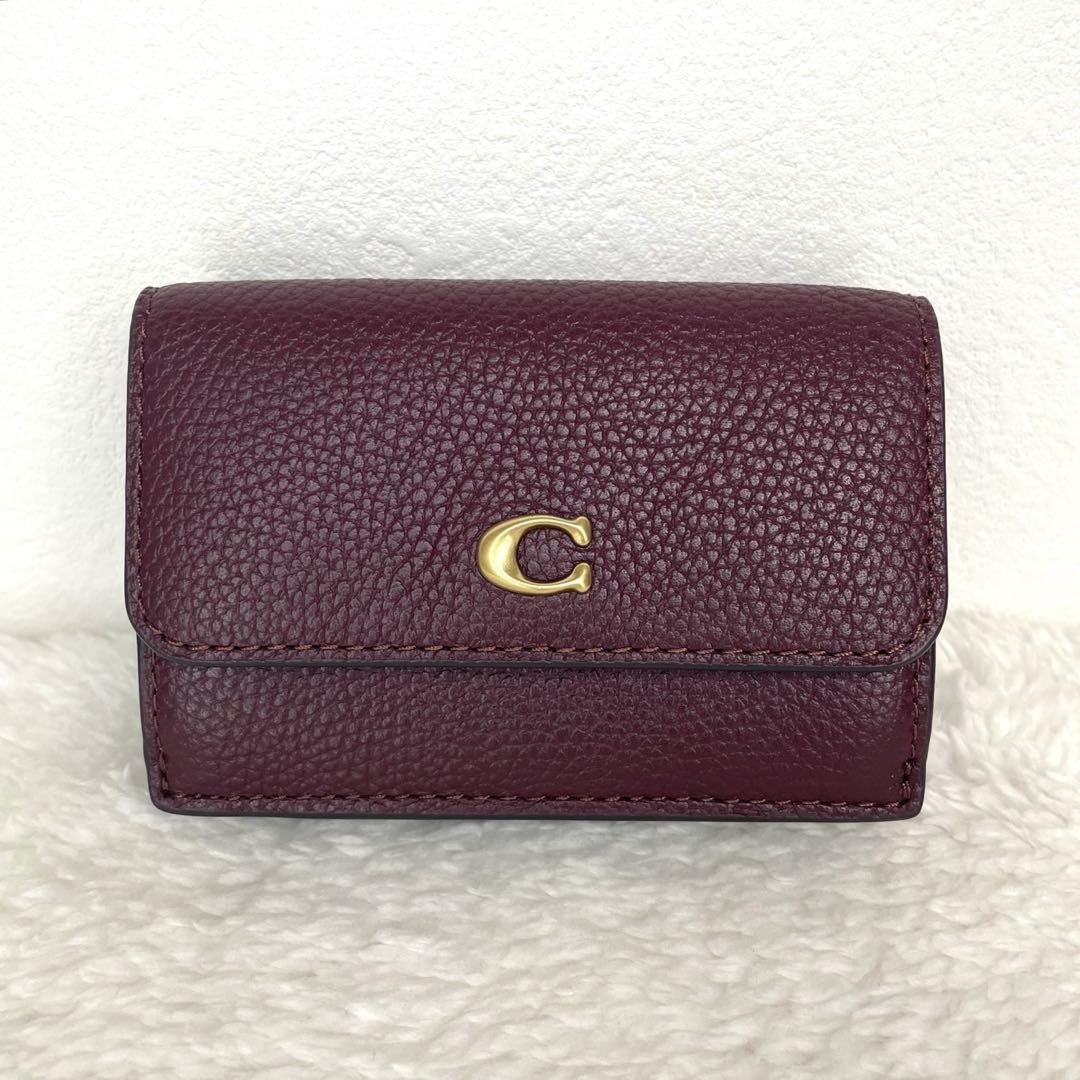 美品coach コーチ ミニトライフォールド 三つ折り 財布 レザー ボルドー