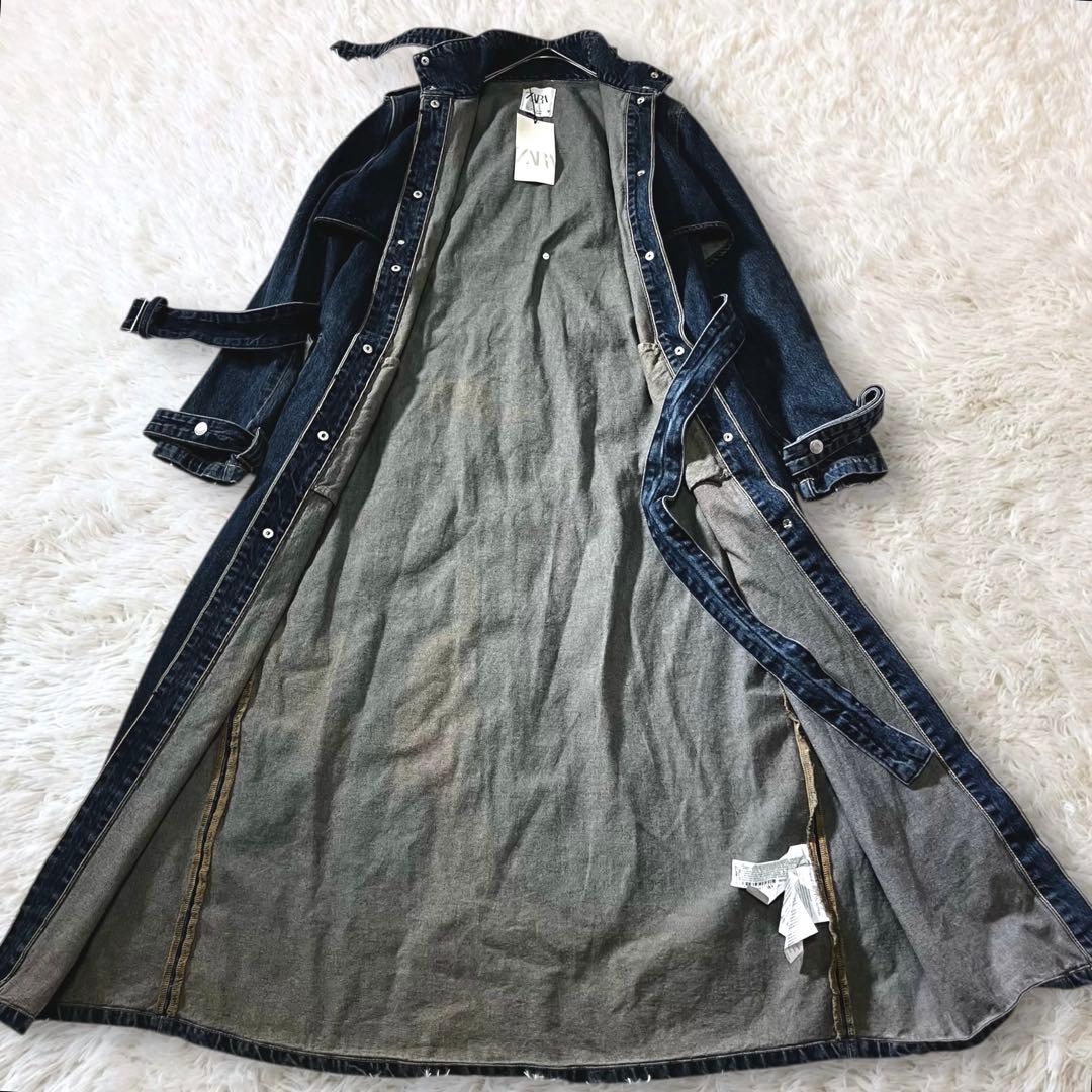 新品 ZARA デニム ロングコート トレンチコート マキシ ベルト ハイネック
