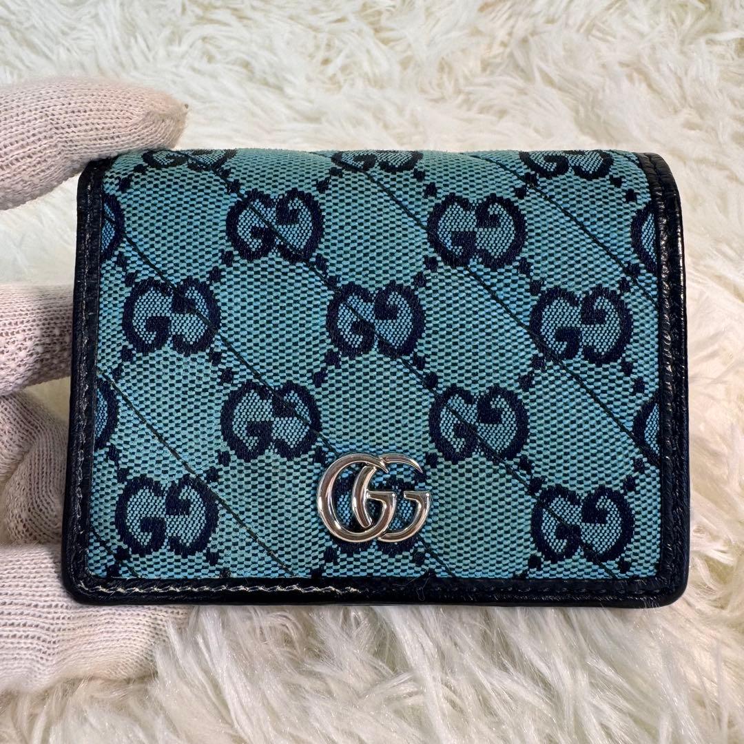 GUCCI グッチ 折り財布 青 キャンバス インターロッキング GGスプリーム