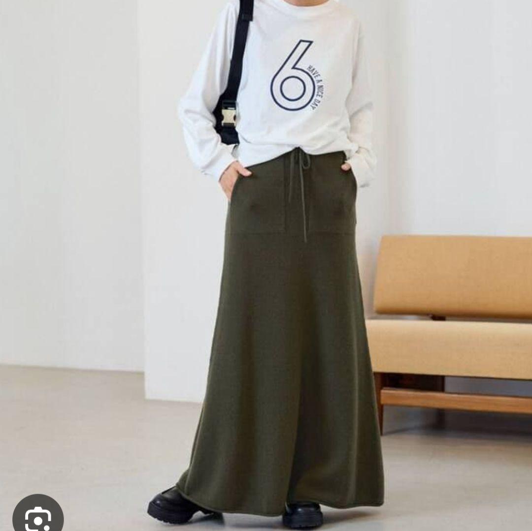 FRAMeWORK　ウールカシミヤ　圧縮ニットスカート　マキシ丈　カーキ　36