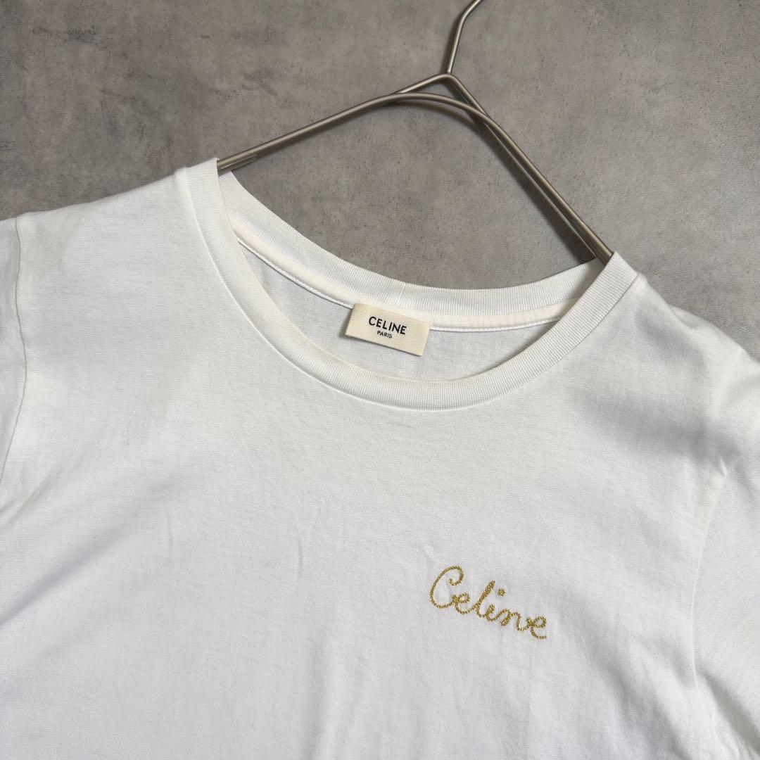 【CELINE】セリーヌTシャツ ホワイト ゴールド刺繍 ロゴ イタリア製S