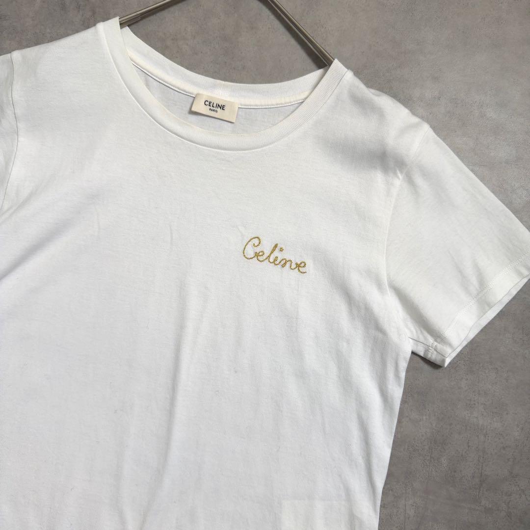 【CELINE】セリーヌTシャツ ホワイト ゴールド刺繍 ロゴ イタリア製S