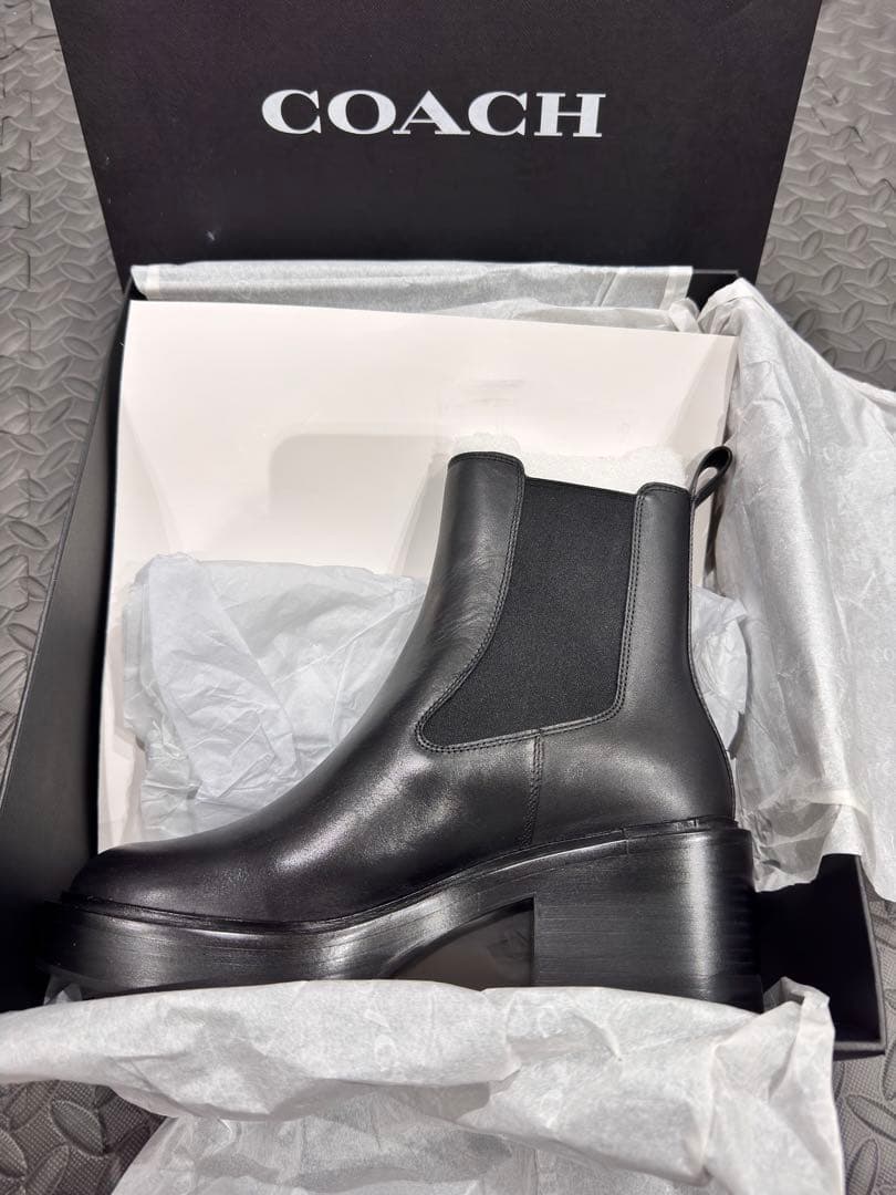 【新品／未使用】COACH／コーチ／ブラック レザーショートブーツ／US8