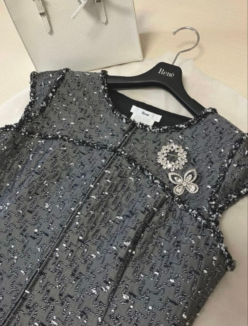 Rene♡ルネ♡最高級ジャガードワンピース♡ダークグレー♡38♡セレモニーにも♡