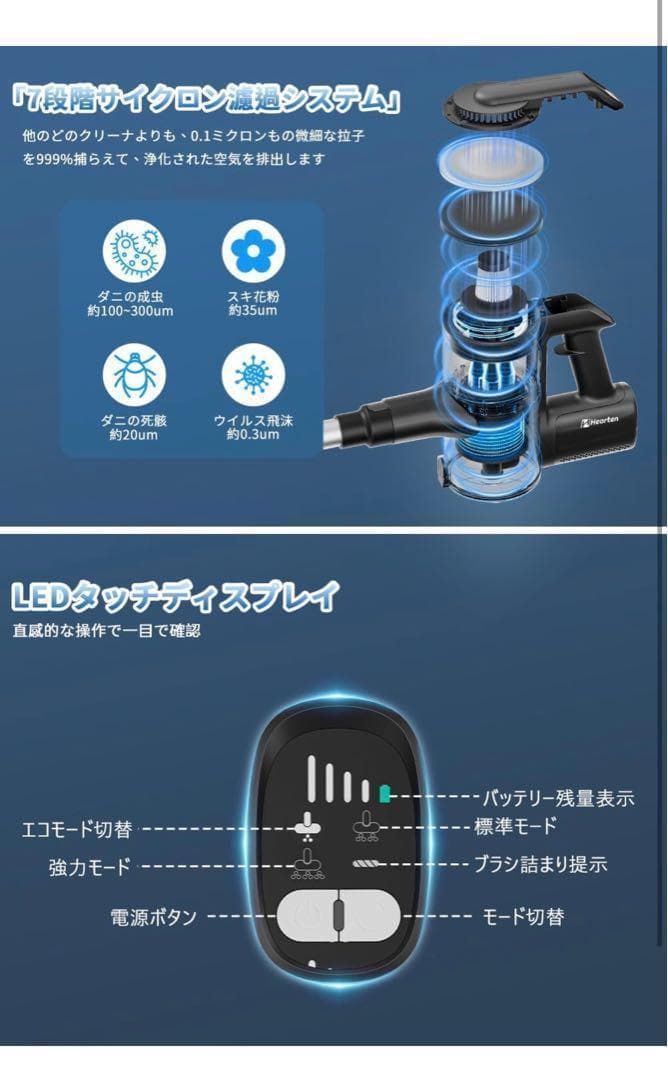 掃除機 コードレス【55000PA超強力吸引・a自立式設計・グリーンLED】