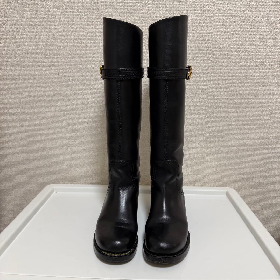 ルイヴィトン　ロングブーツ　ロゴ型押しベルト　金金具　レザー　ブラック