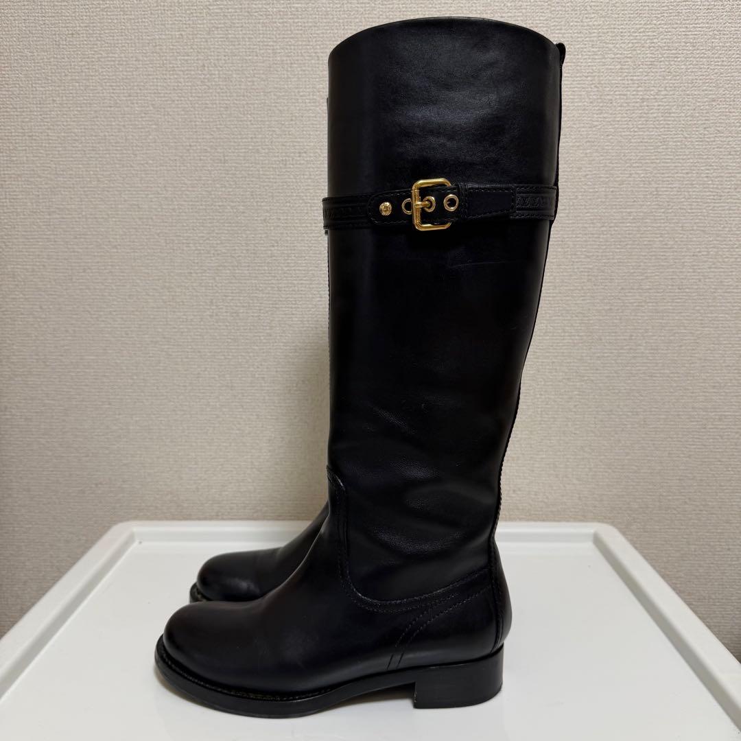 ルイヴィトン　ロングブーツ　ロゴ型押しベルト　金金具　レザー　ブラック