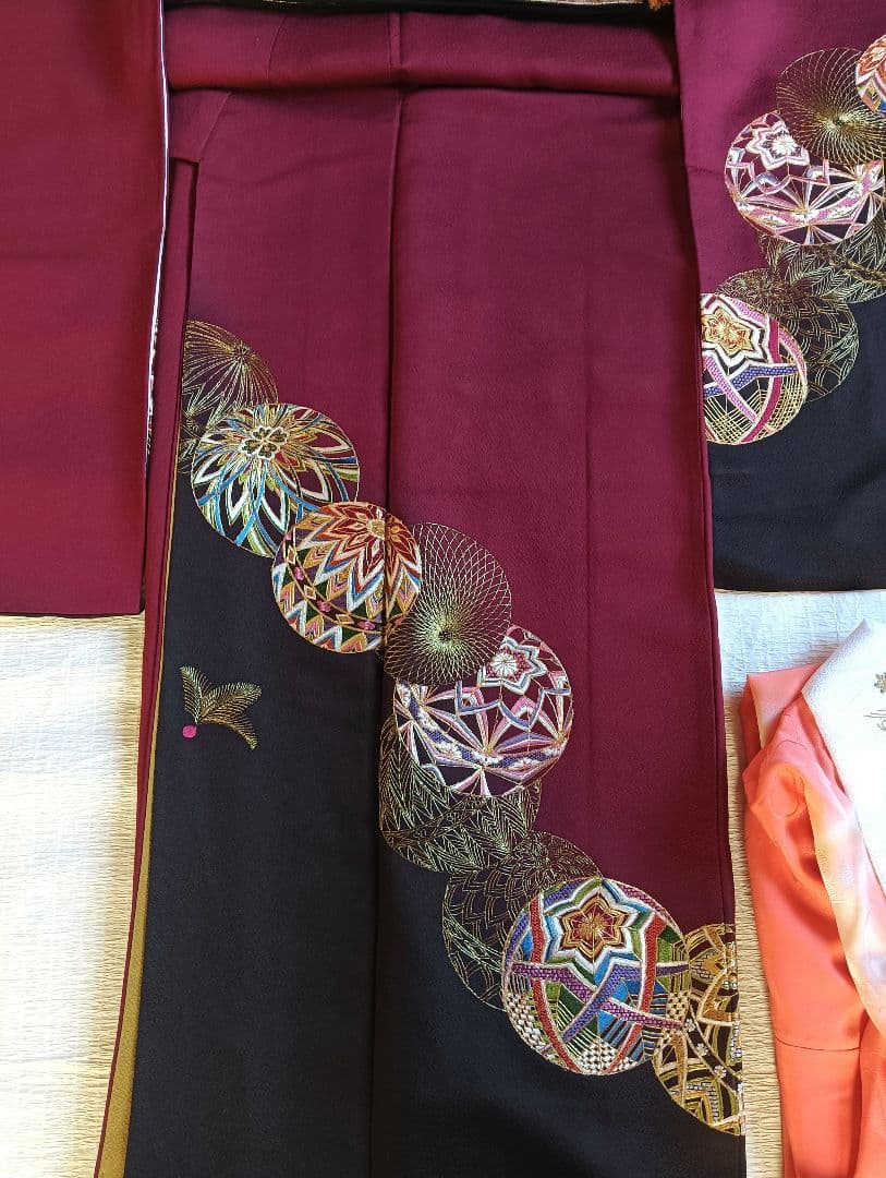 美品　振袖フルセット　 ワインレッドに手鞠刺繍　丈167 裄67