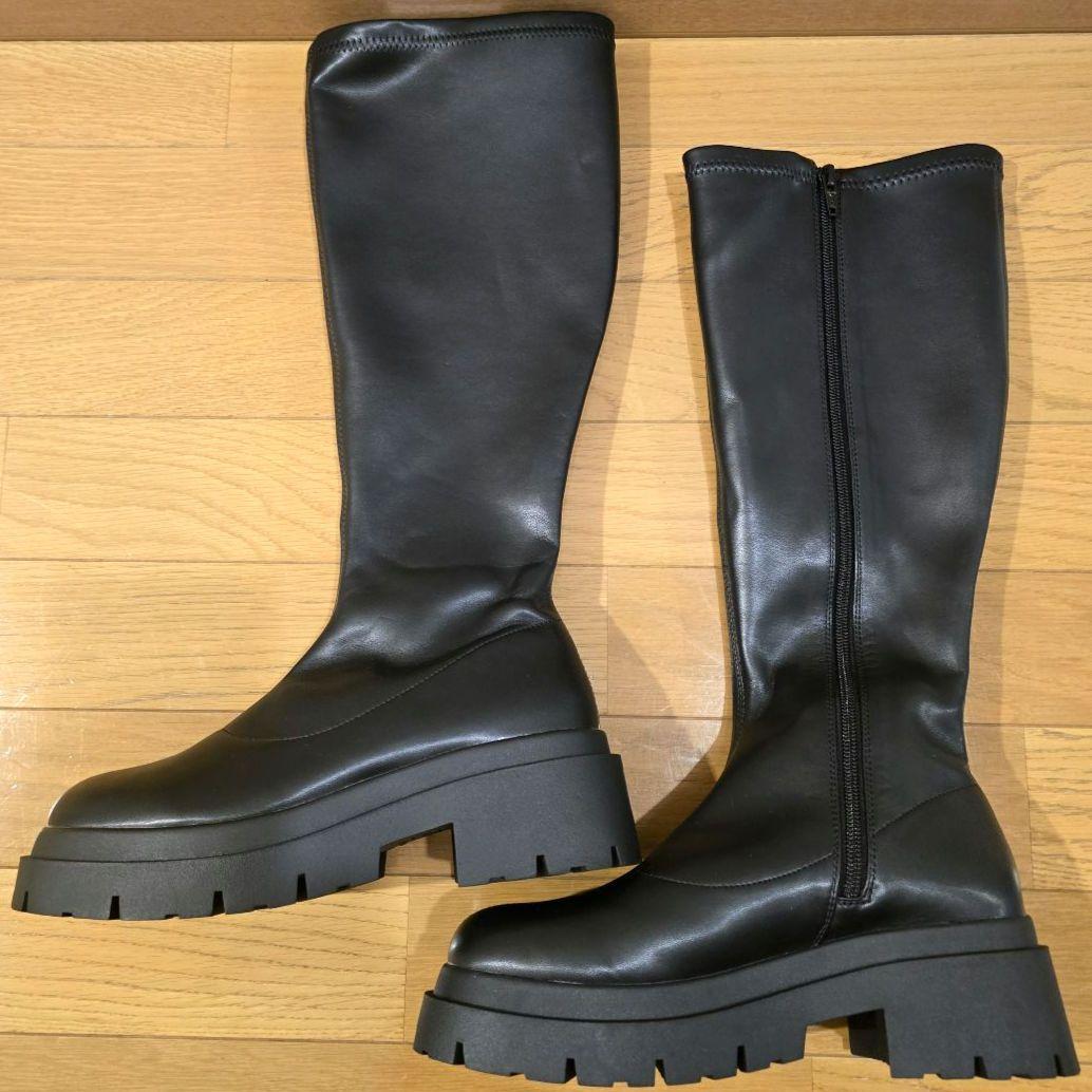 現行 新品 ヘザー インヒールストレッチロングブーツ 厚底 撥水 抗菌防臭 M