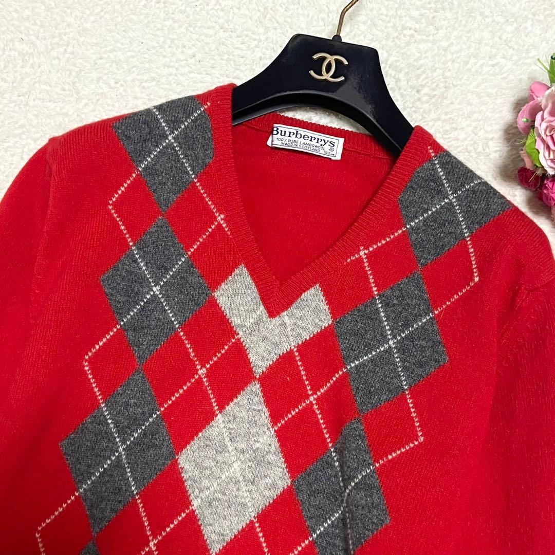 【美品】バーバリー アーガイル柄 ニット レッド Lサイズ相当