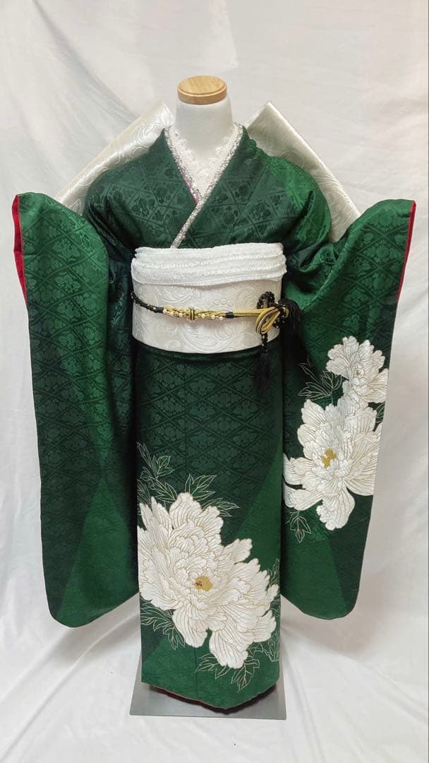 緑色の振袖 白い花刺繍 振袖 振袖フルセット 正絹 成人式　振袖6点セット K2