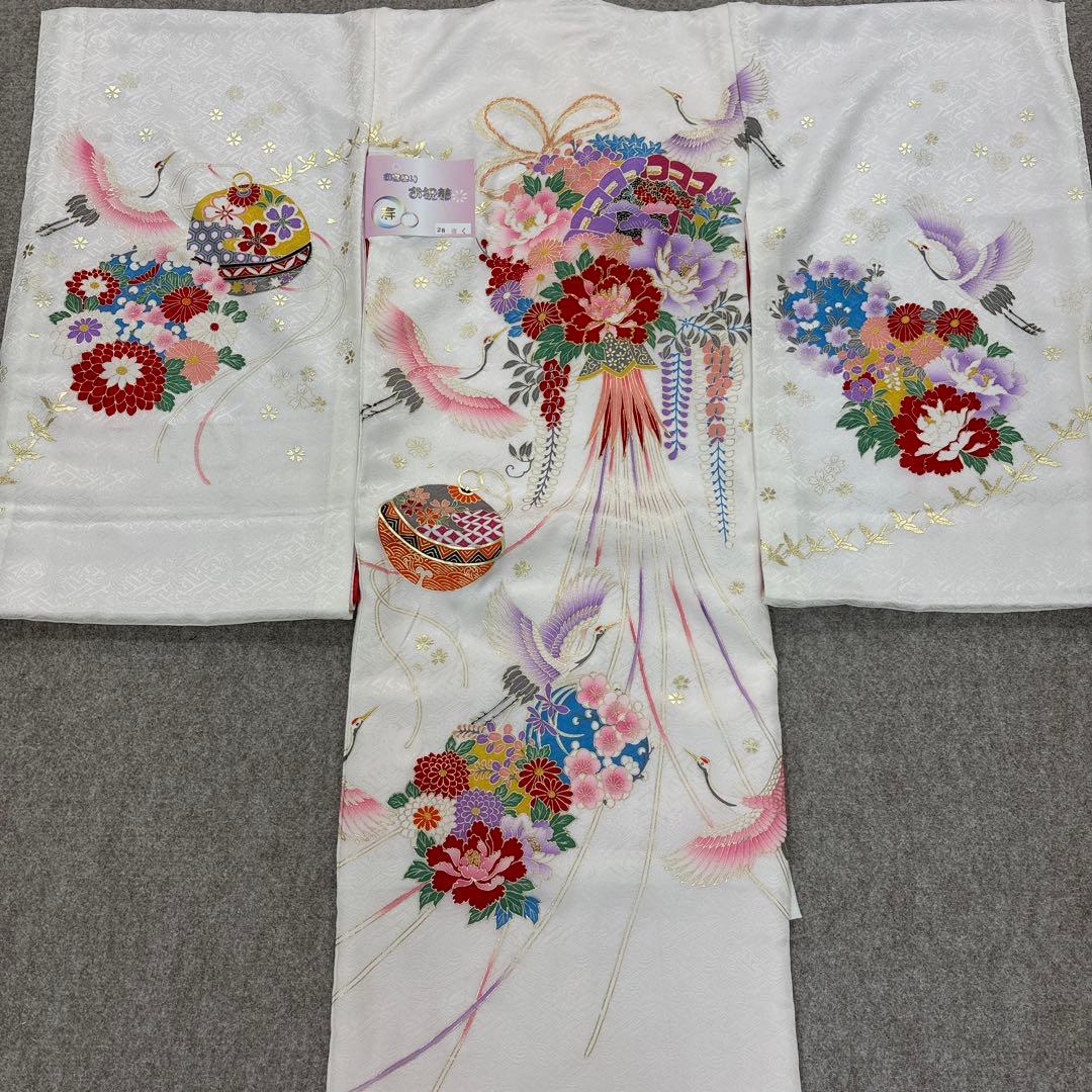 新品正絹産着（お祝着）最高級京友禅伝統多色染、刺繍、本金入り古典四季花鈴に古典文