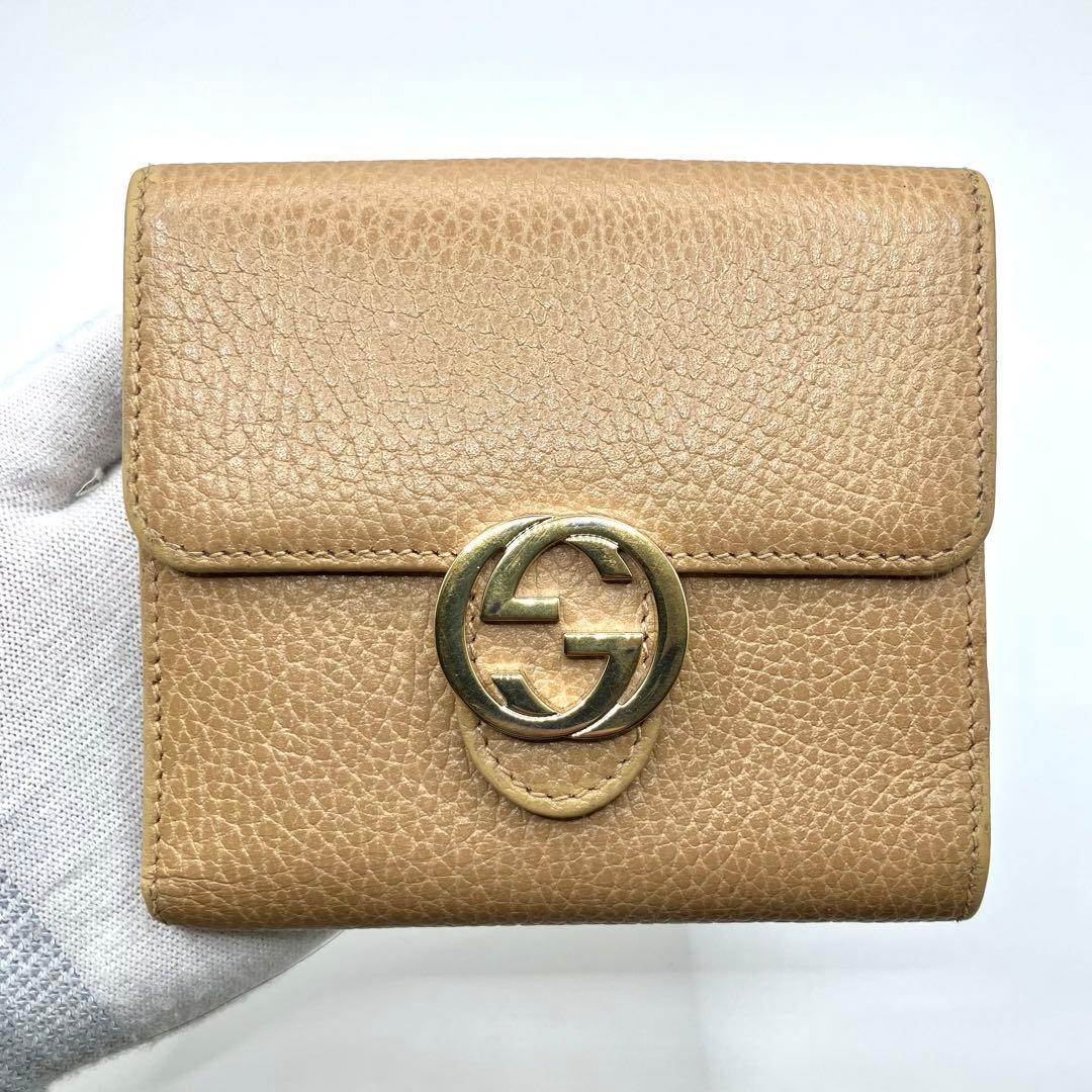 【美品】GUCCI グッチ インターロッキング 折り財布 二つ折り財布 ベージュ