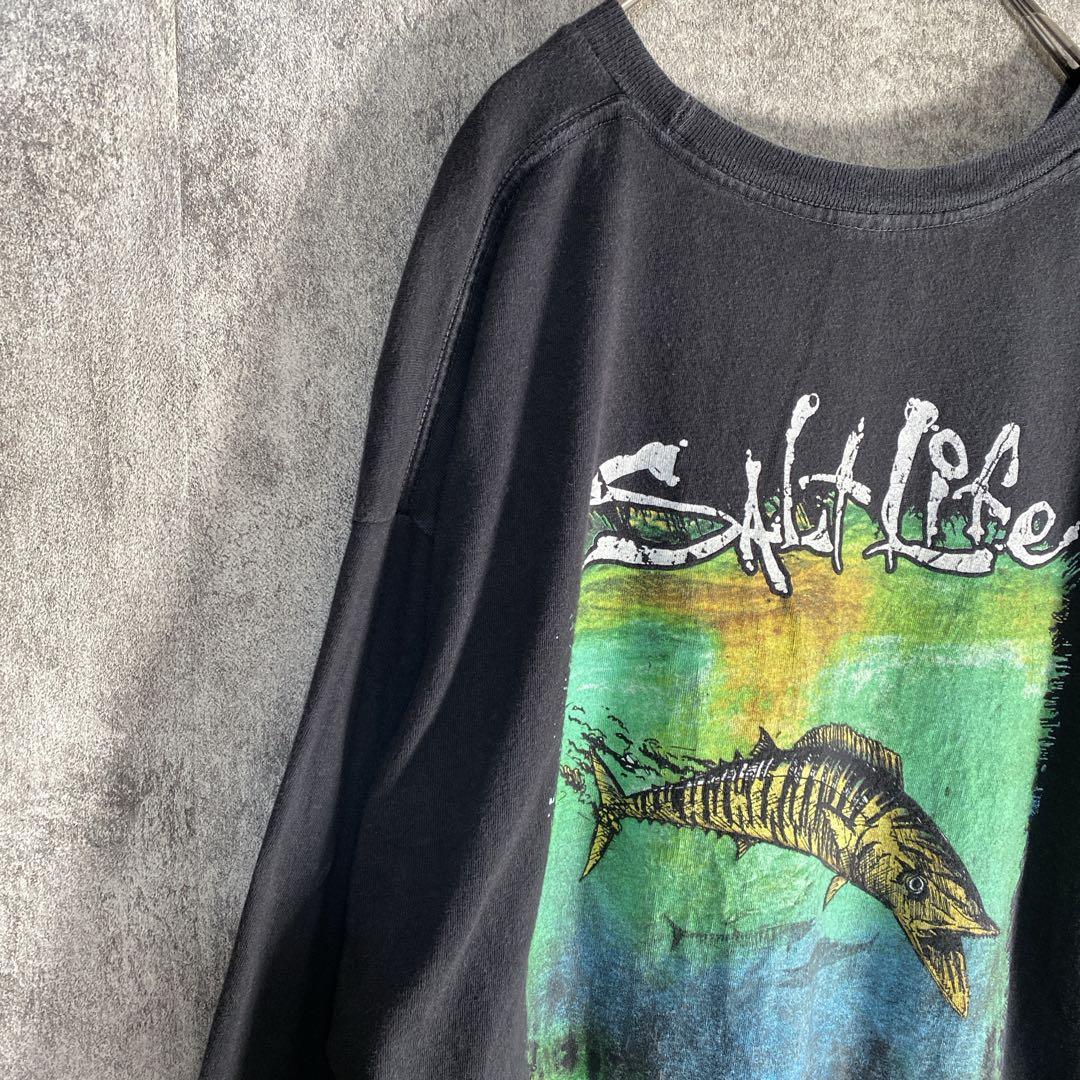 Salt Life バックプリント 激レア 魚骸骨アート 袖ロゴ L相当 黒