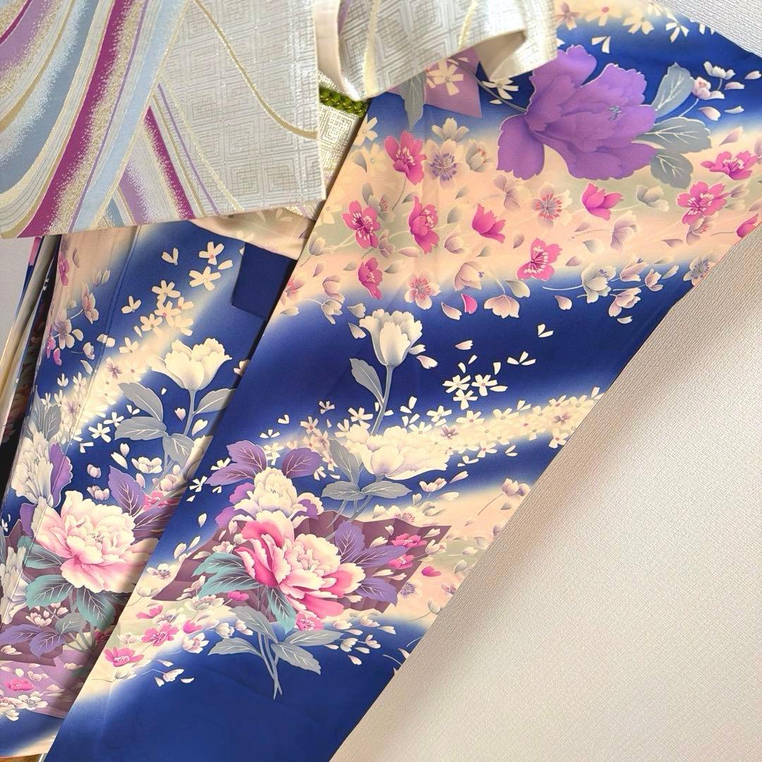 34 振袖フルセット 正絹 ブルー 青 紫 緑 銀彩 刺繍 暈し染め 華やか