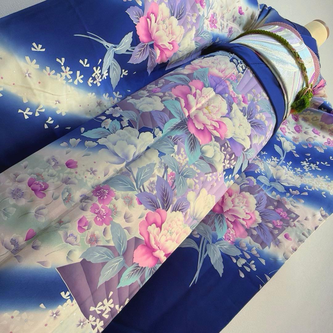 34 振袖フルセット 正絹 ブルー 青 紫 緑 銀彩 刺繍 暈し染め 華やか
