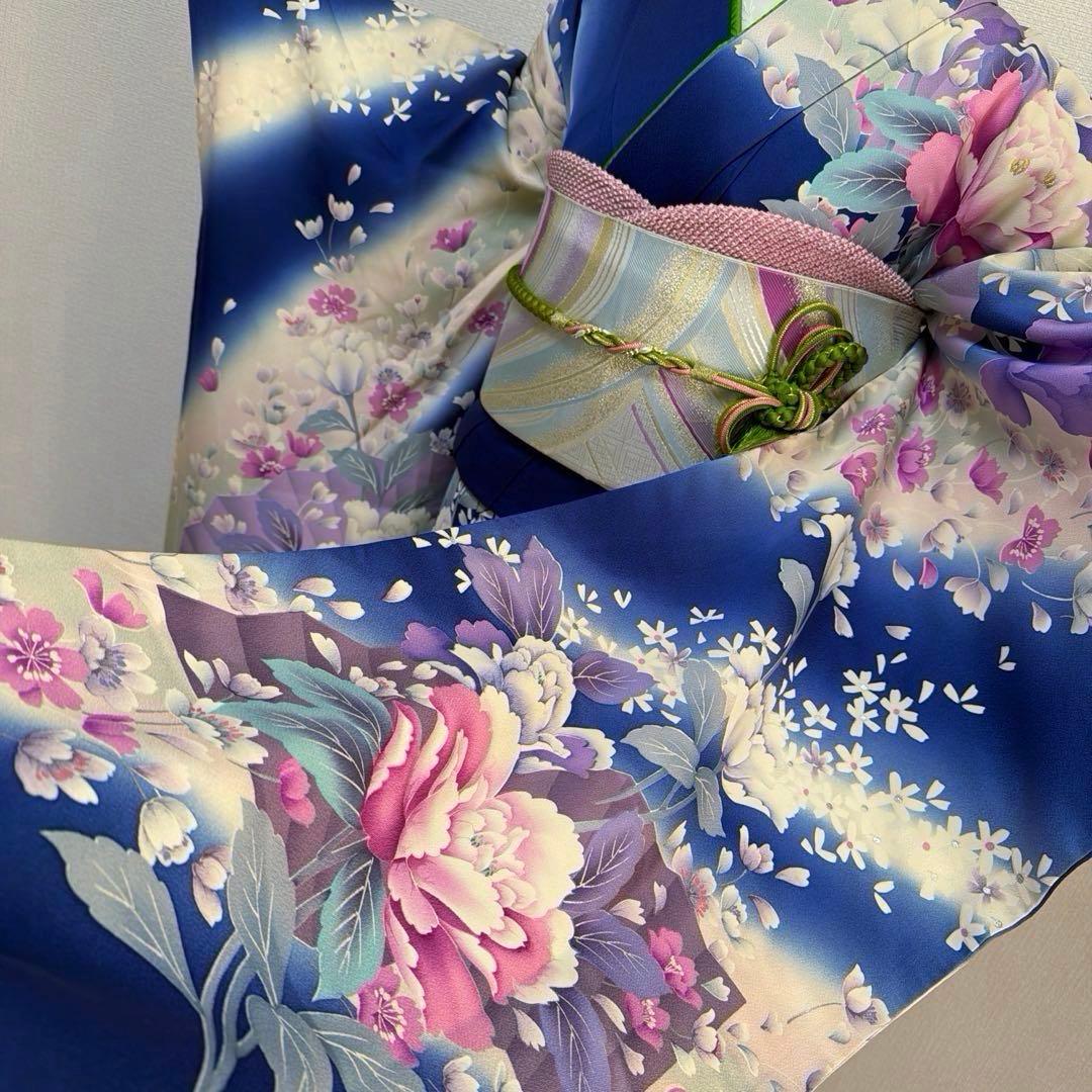34 振袖フルセット 正絹 ブルー 青 紫 緑 銀彩 刺繍 暈し染め 華やか