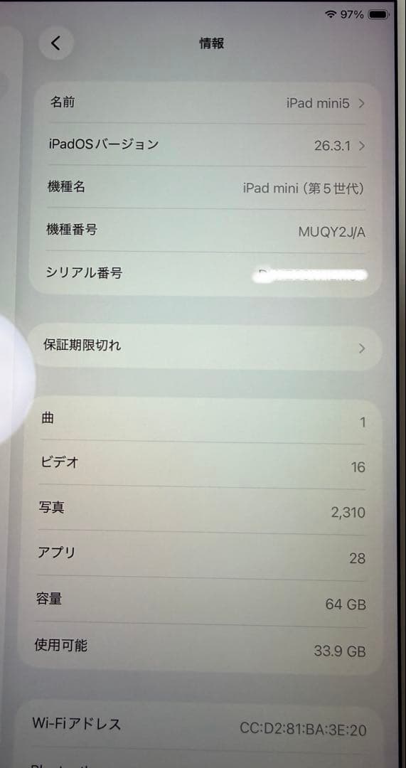 iPad mini 第5世代 64GB Wi-Fi ゴールド バッテリー88%