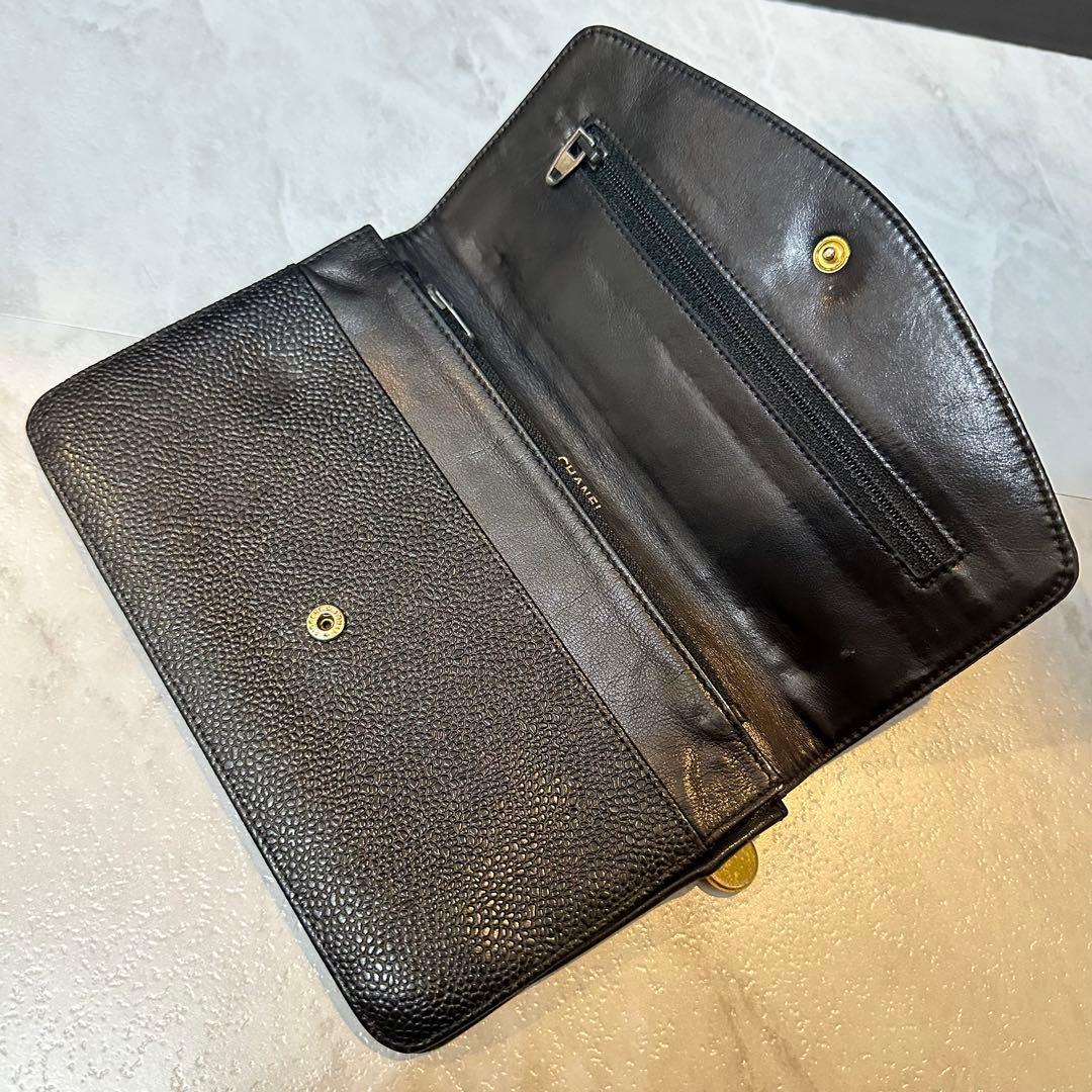 CHANEL 二つ折り財布 ブラック レザー キャビアスキン ココマーク ポーチ