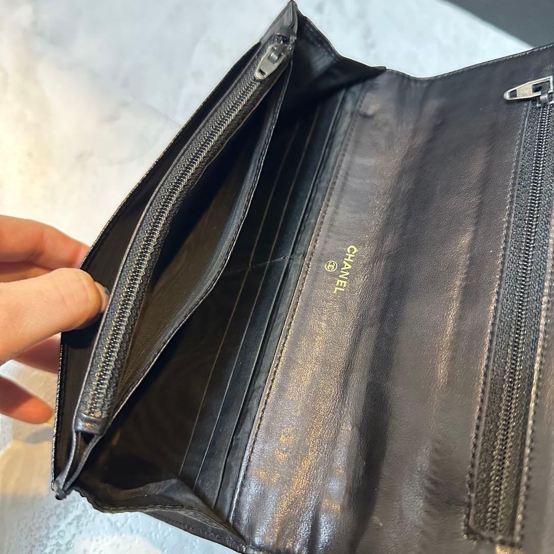 CHANEL 二つ折り財布 ブラック レザー キャビアスキン ココマーク ポーチ
