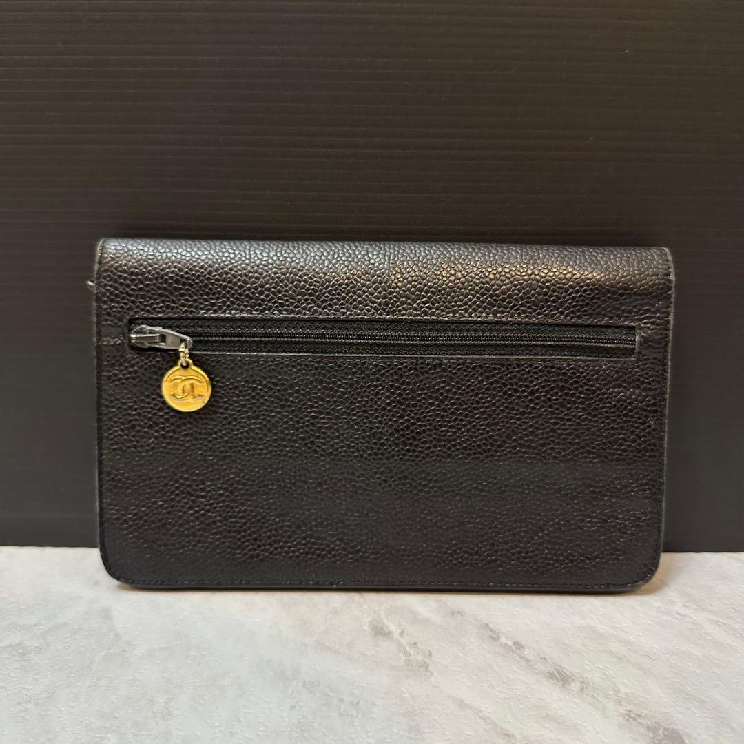 CHANEL 二つ折り財布 ブラック レザー キャビアスキン ココマーク ポーチ