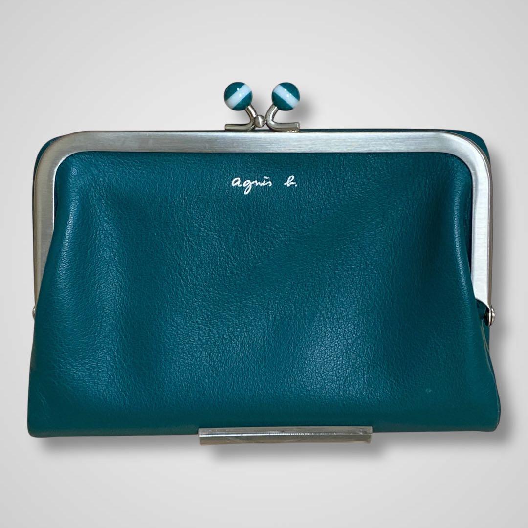 極美品 agnes b. アニエスベー レザー がま口 二つ折り財布 グリーン