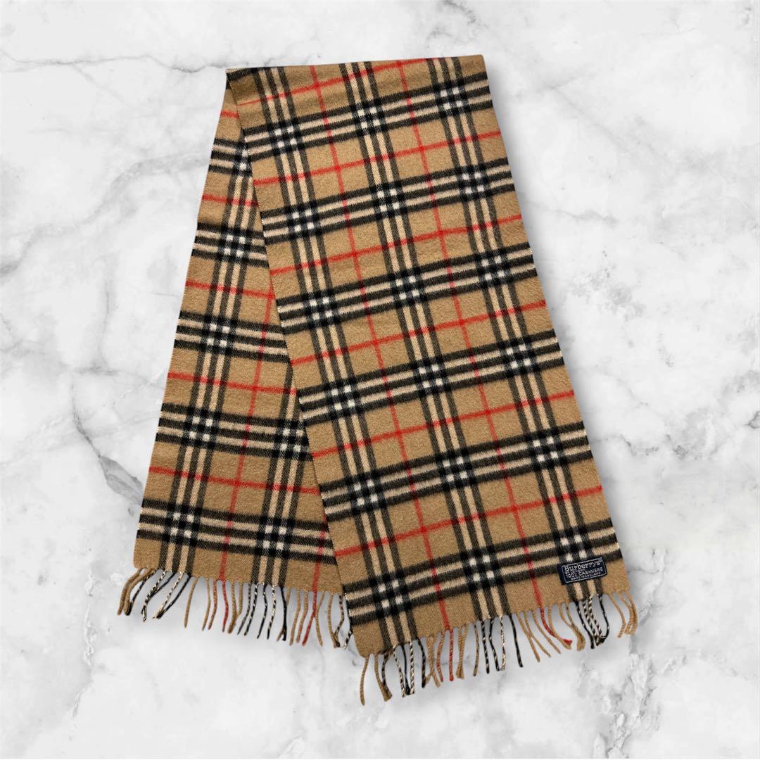 美品 Burberrys バーバリー カシミヤマフラー ノバチェックキャメル英国