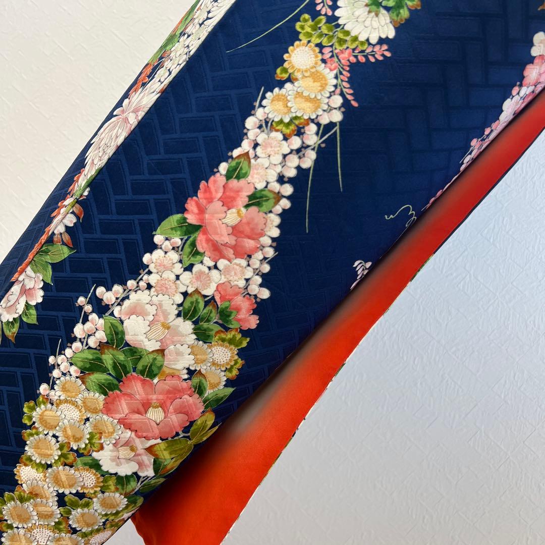 483 振袖フルセット 正絹 紺 ネイビー 小紋 手描き 金彩 華やか レトロ