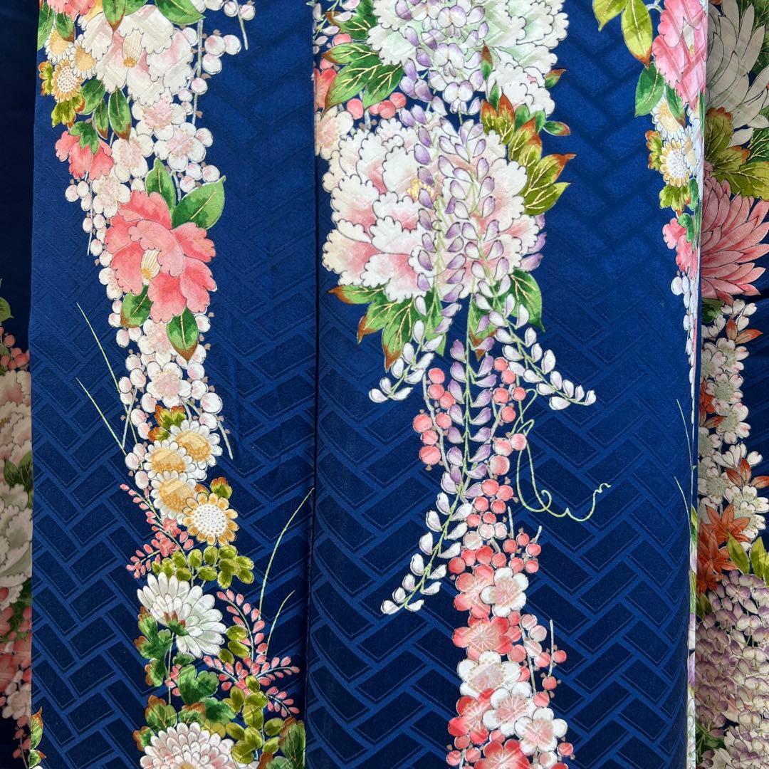 483 振袖フルセット 正絹 紺 ネイビー 小紋 手描き 金彩 華やか レトロ