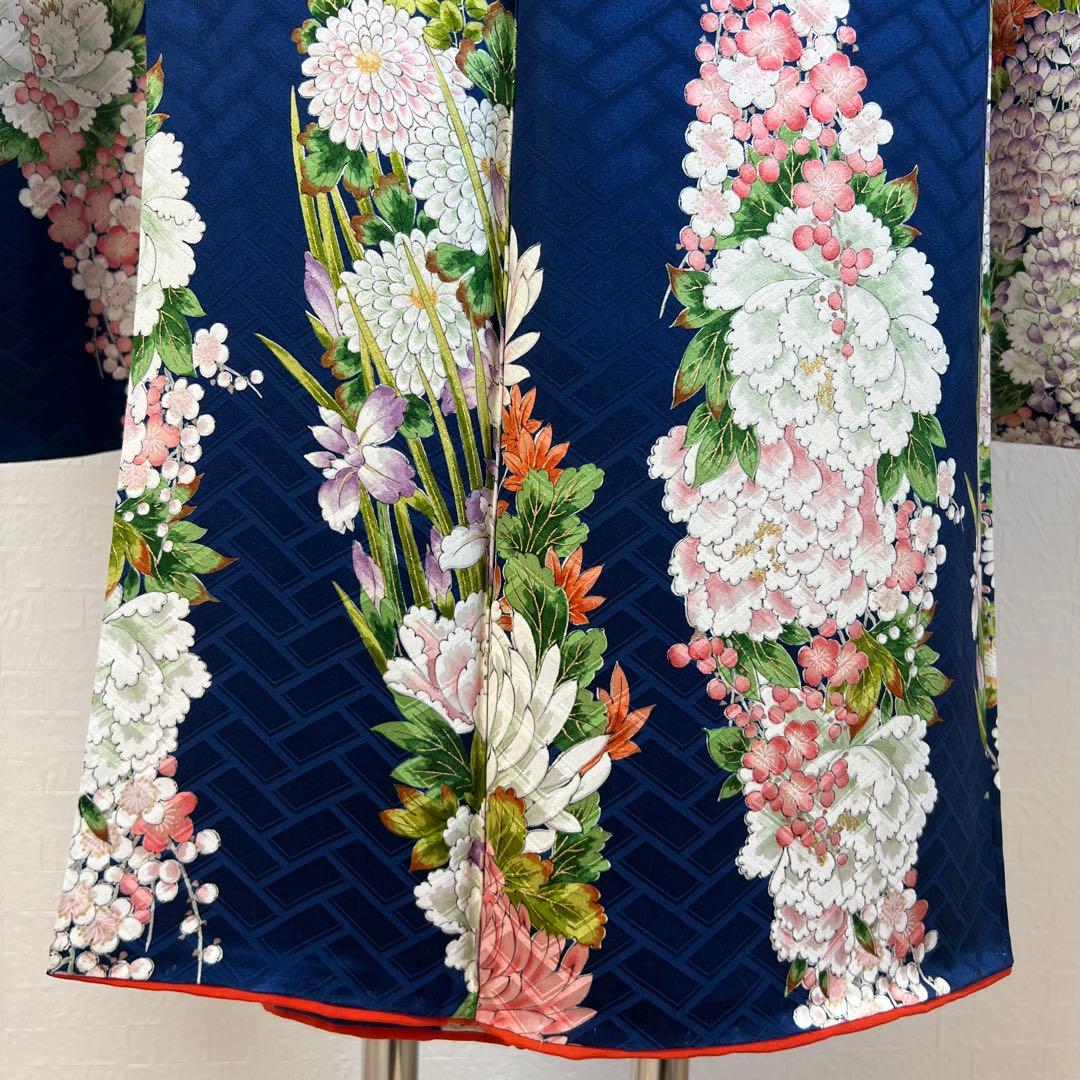 483 振袖フルセット 正絹 紺 ネイビー 小紋 手描き 金彩 華やか レトロ