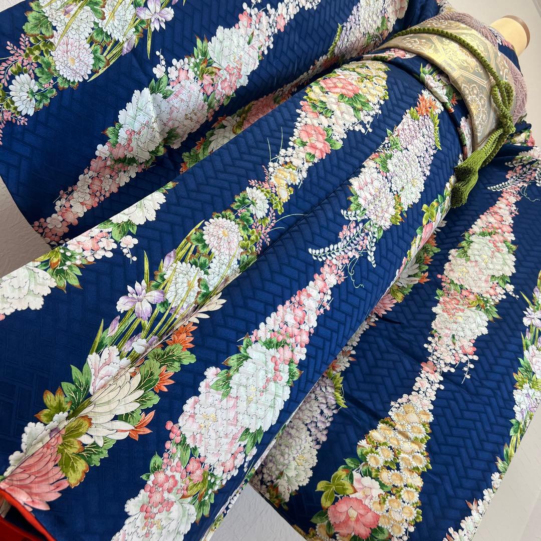 483 振袖フルセット 正絹 紺 ネイビー 小紋 手描き 金彩 華やか レトロ